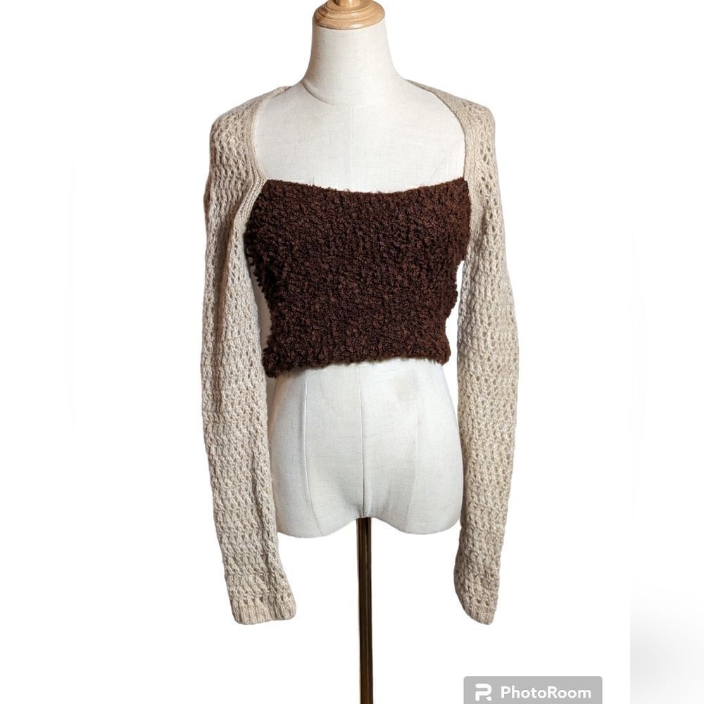 Zara Brown and Tan Fuzzy Crochet Cropped Sweater NWT